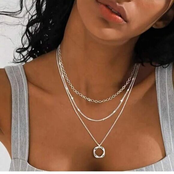 Sterling Silver 925 Layered Chain Necklace with Circle Pendant - Picture 1 of 4
